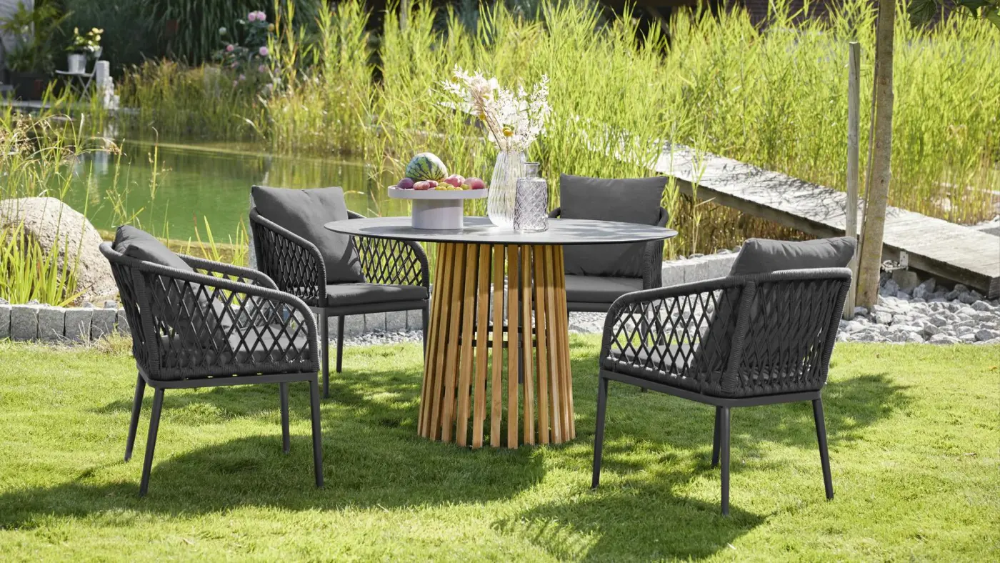 Interliving  Tisch Serie 7004  Teak/ Tischplatte HPL Beton 125 cm Durchmesser