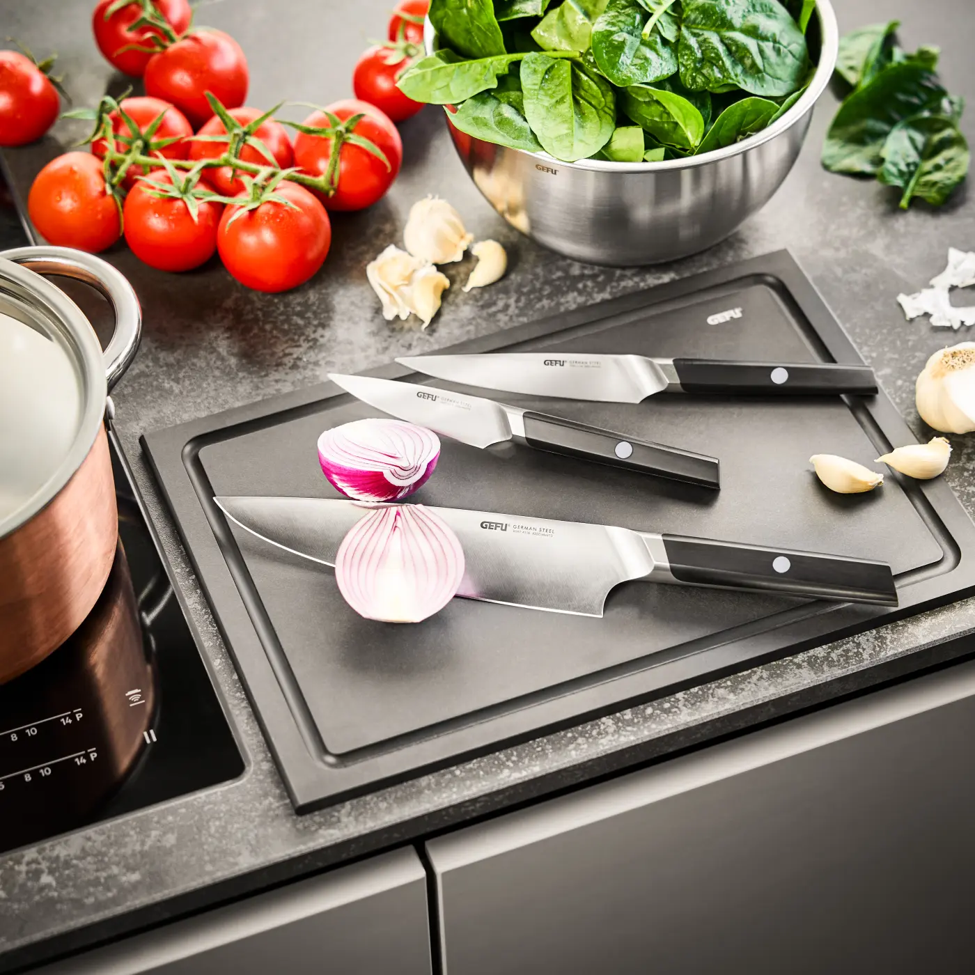 GEFU Messer-Set ACURO  3-teilig schwarz/silber deutscher Klingenstahl|Kunststoff|hochwertiger Edelstahl