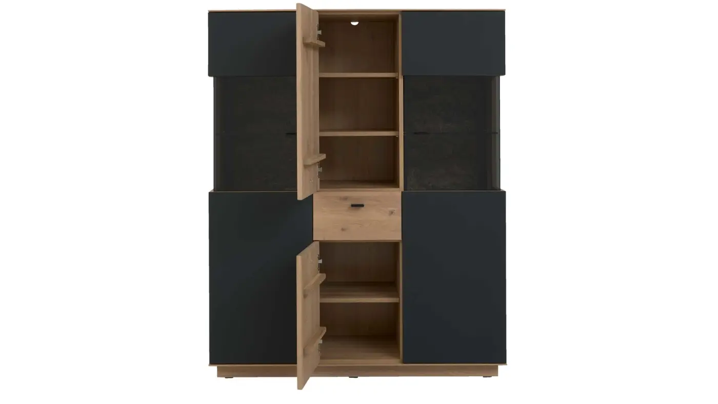 Interliving Highboard Serie 2025 W-Eiche massiv/Glas Anthr B/H/T ca. 116/144/40 cm