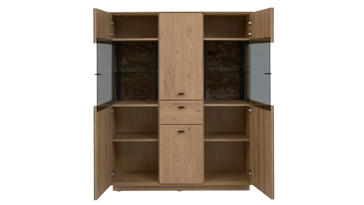 Interliving Highboard Serie 2025 W-Eiche massiv/Glas Anthr B/H/T ca. 116/144/40 cm