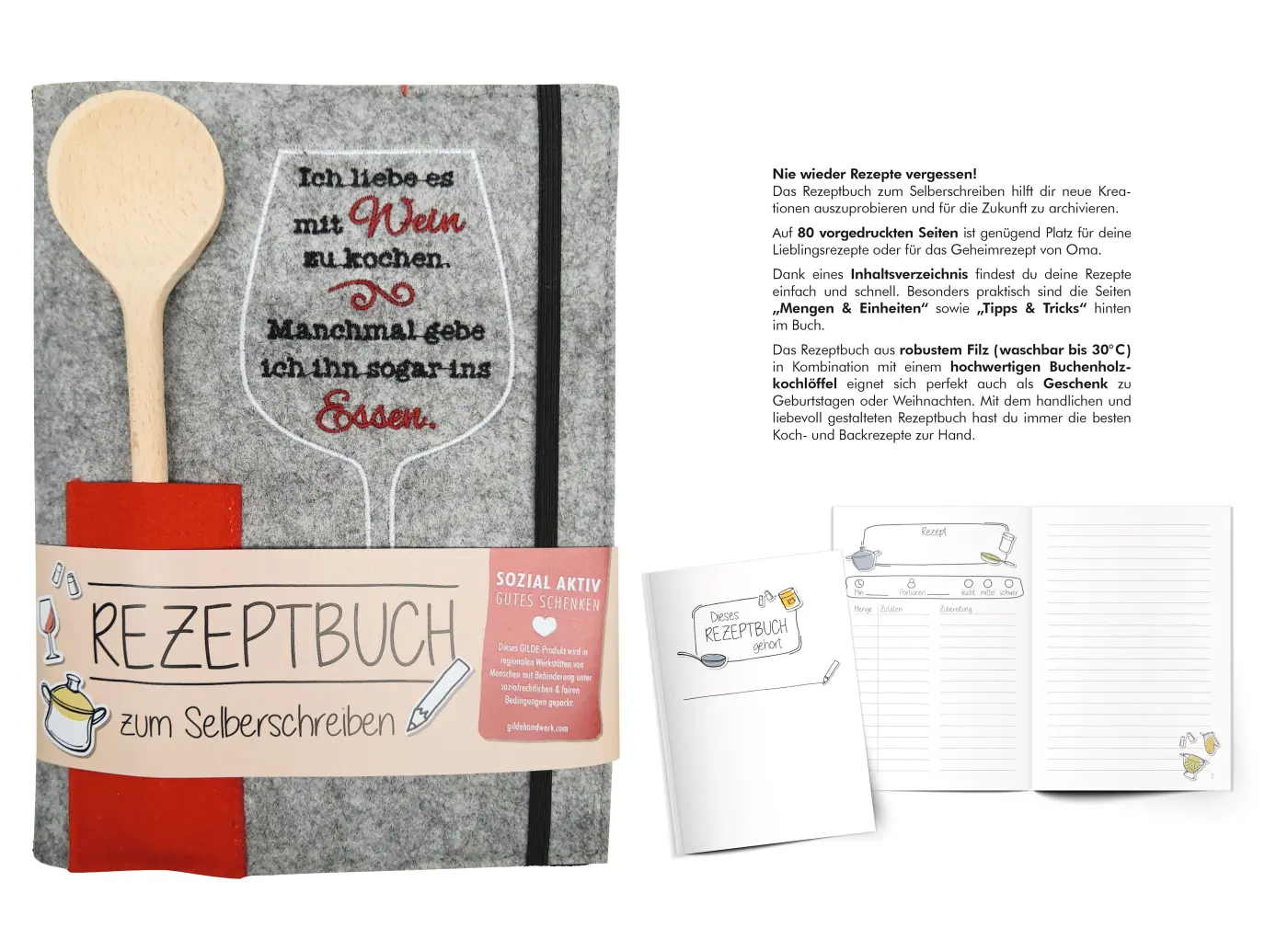 Gilde Kochbuch mit Kochlöffel "Weinfest" Weinglasmotiv mit Spruch