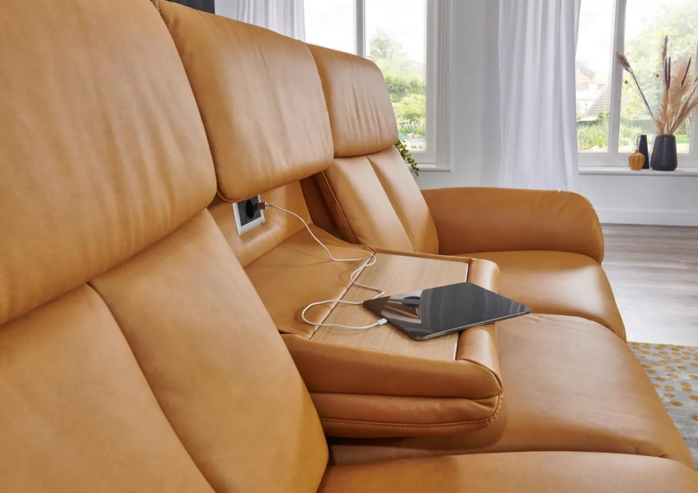 Polsteria  Relax-Rundsofa Serie Mira stoff senf ca. 210 cm  mit motorischer Verstellung