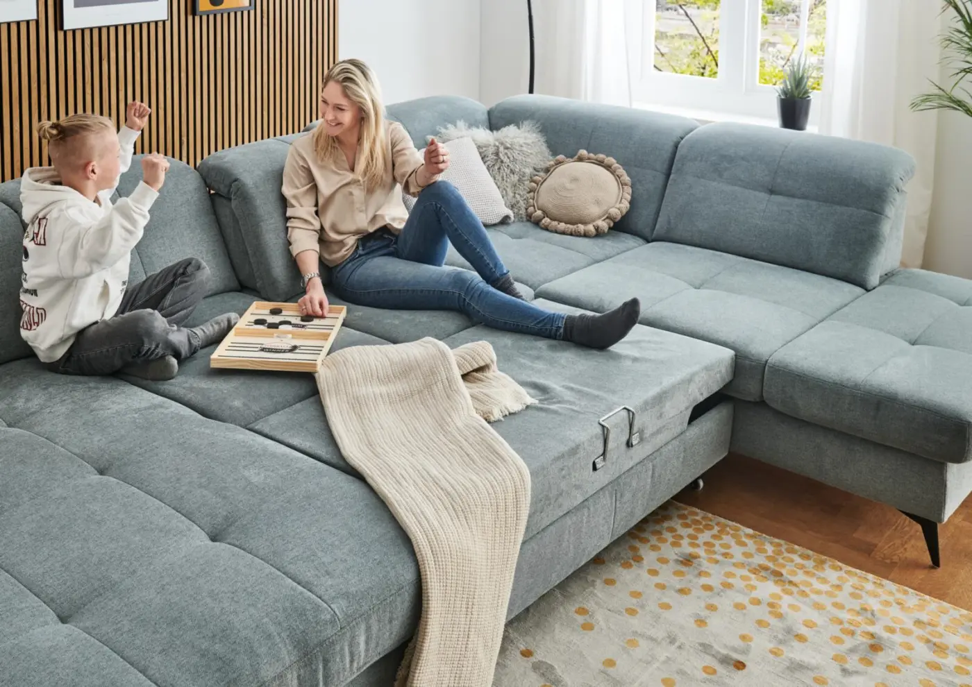 Megapol Wohnlandschaft mit Funktionen MM-MP1206 hellgrau ca. 198 x 351 x 259 cm