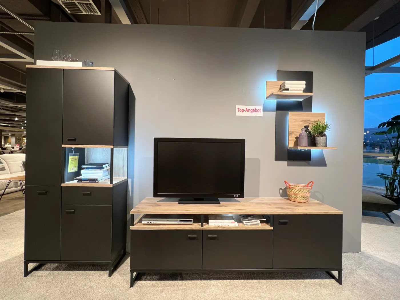 Ideal Wohnwand mit Beleuchtung Mountain grau/EIche Viking ca.  296,5x187,9x50,1 cm