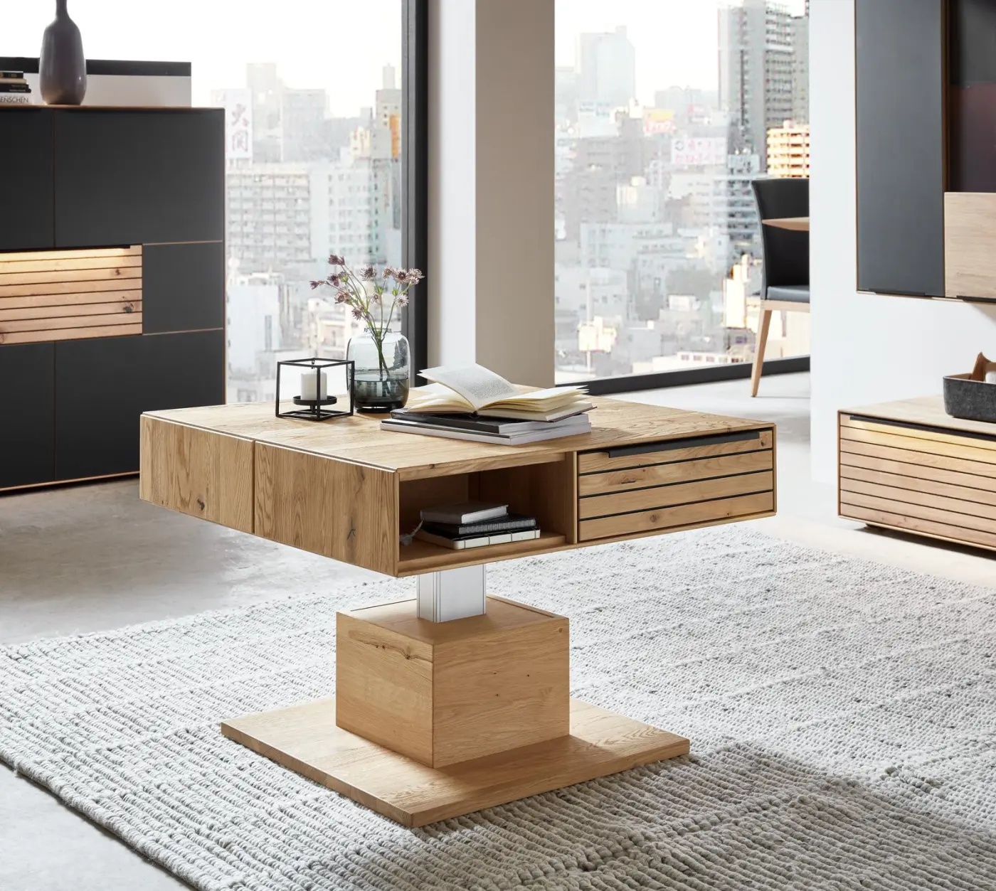 Decker  Couchtisch mit 2 Schüben, höhenverstellbar Nevada Asteiche massiv ca. 82 x 42 x 82 cm
