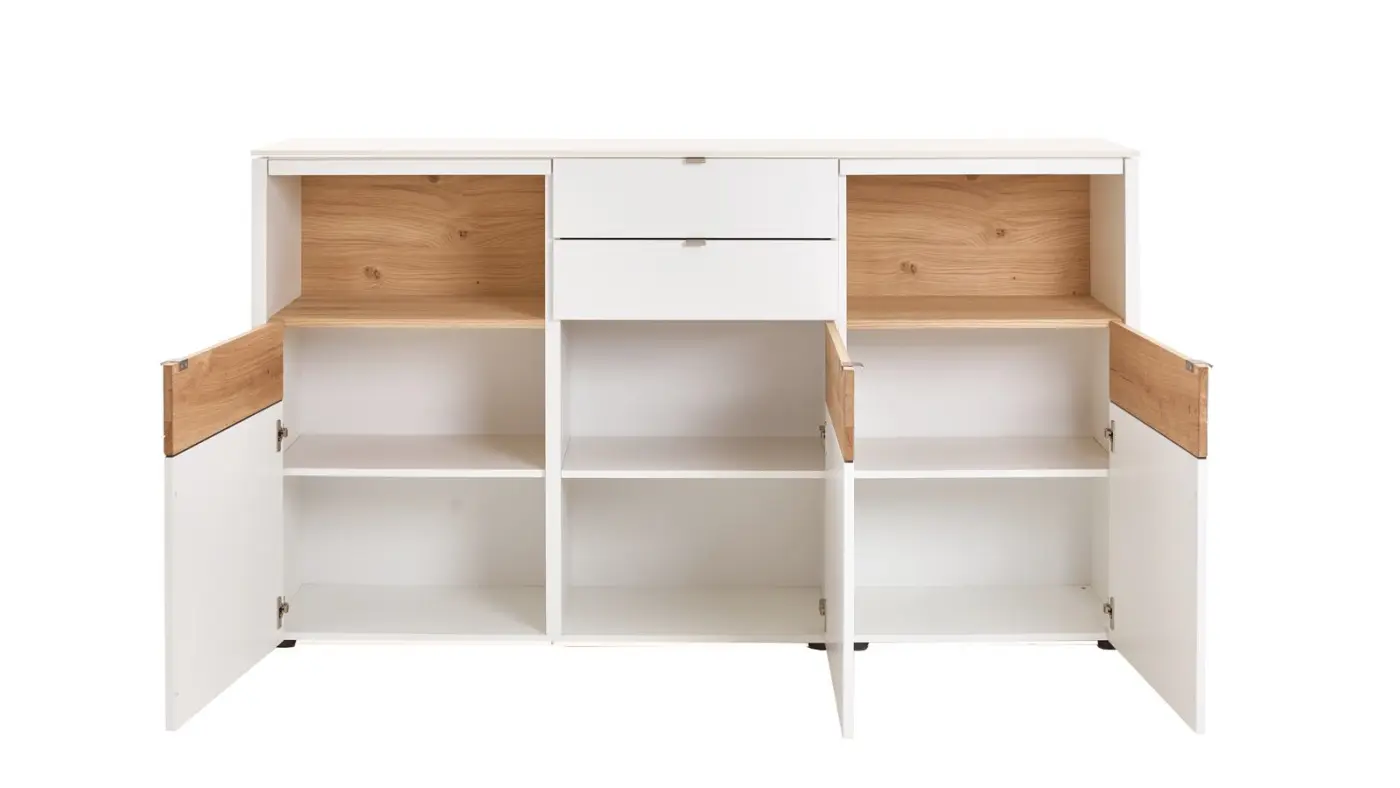 Venjakob Sideboard Game weiß matt mit Absetztung in Balkeneiche 186 x 106 x 43cm