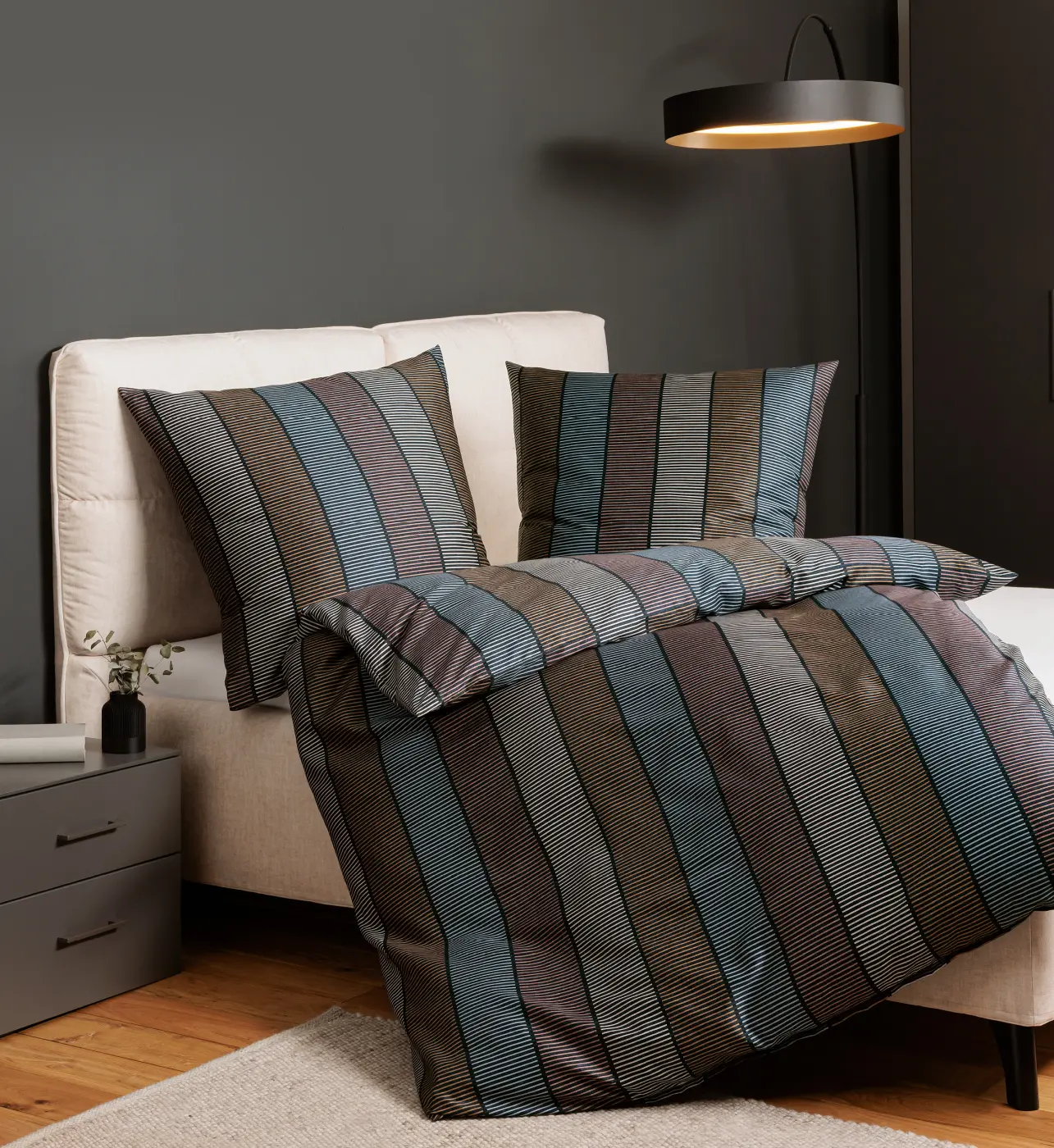 Janine Garnitur Mako-Satin  dunkelblau braun 135x200,80x80 cm