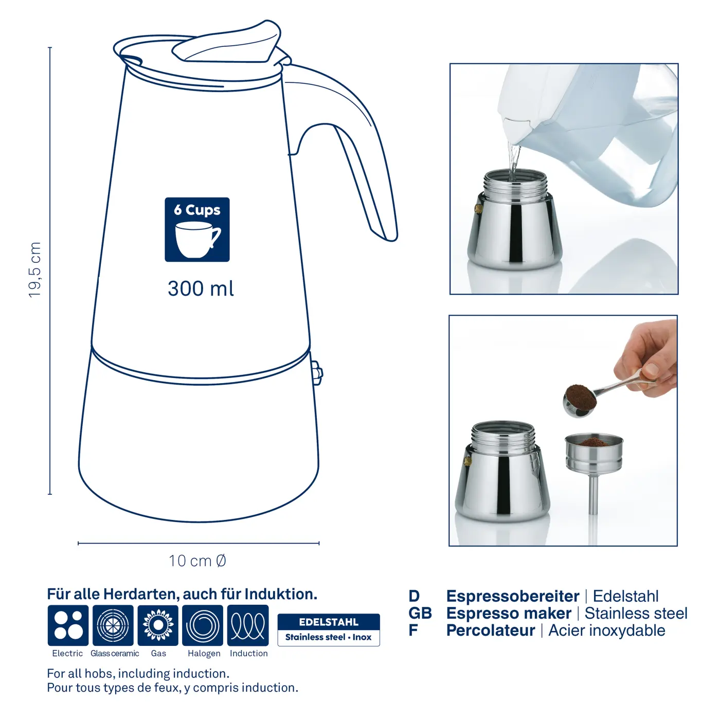 Kela Espressobereiter Ferrara Edelstahl schwarz 19,5cm 10cmØ 300ml