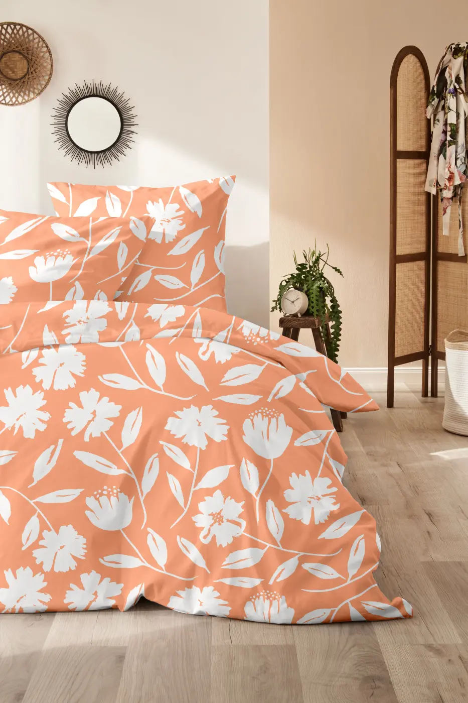 Hahn  Perkal-Bettwäsche 135 x 200 cm floral orange