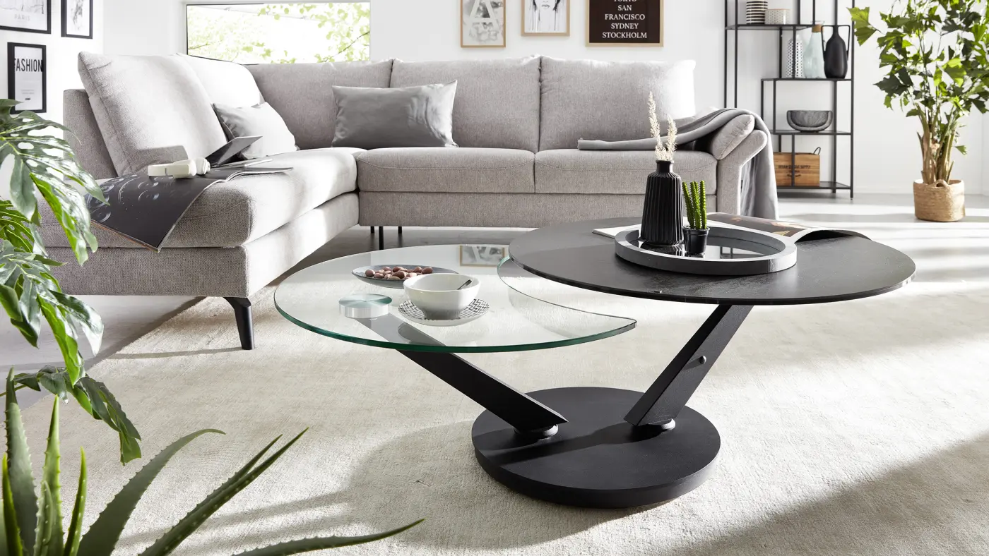 Interliving Couchtisch modern Serie 6209 drehbar  Keramik Titan/Glas