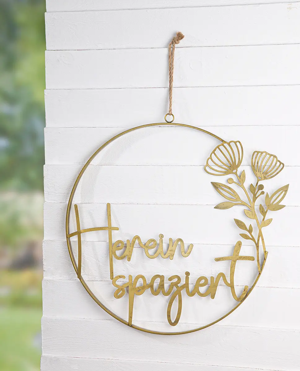 Gilde Hänger "Herein spaziert" mit Blumenmotiv Metall goldfarben