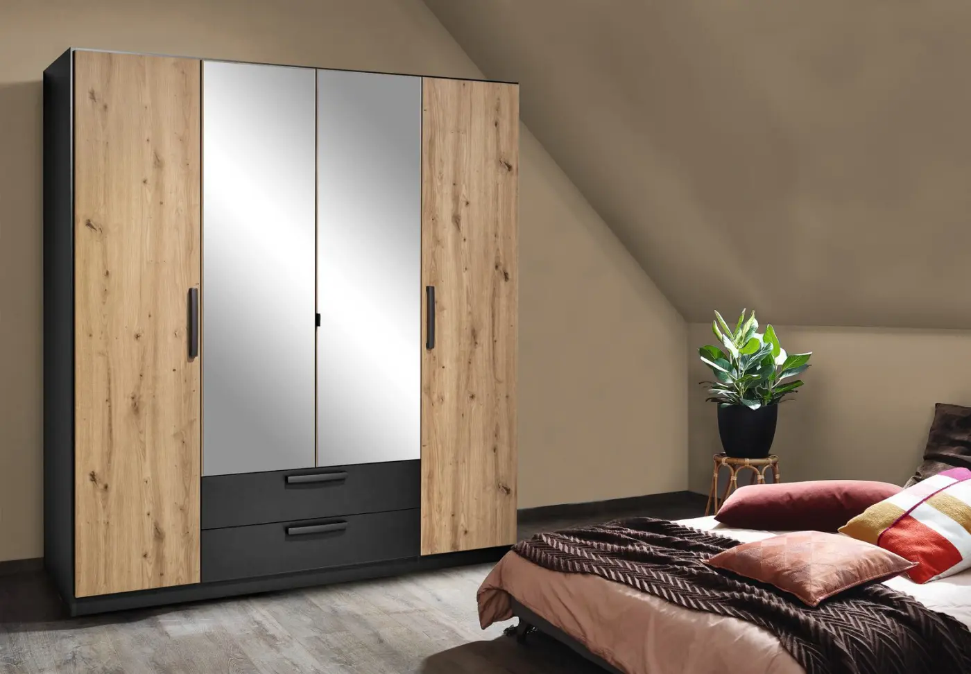 Rauch Drehtürenschrank 4trg. StyleUp Artisan Eiche/grau metallic 