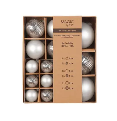 Inge Glas Strukturkugeln Mix 16-teilig Frosty Silver