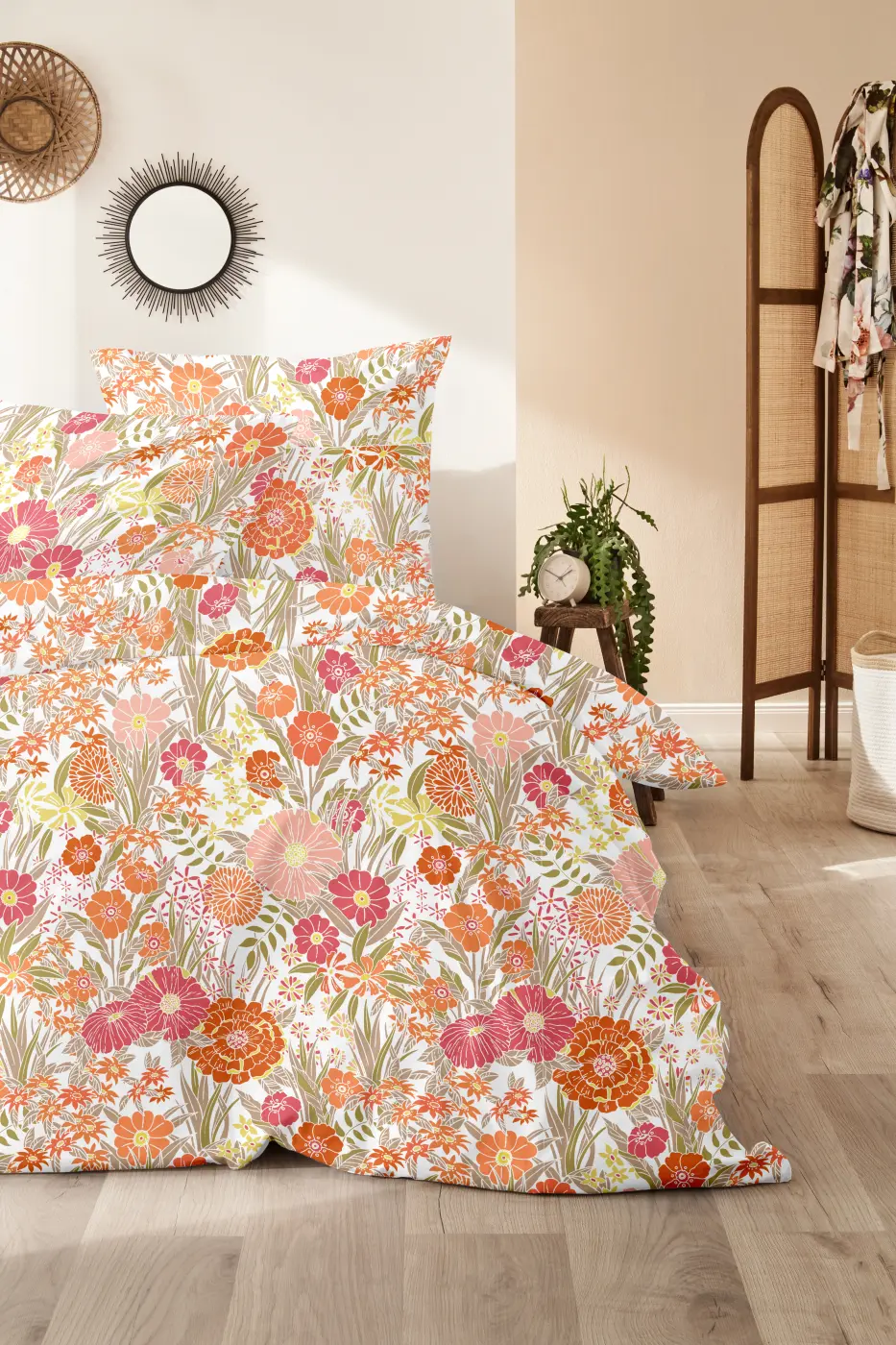 Hahn Perkal-Bettwäsche floral braun-rot 135 x 200 cm