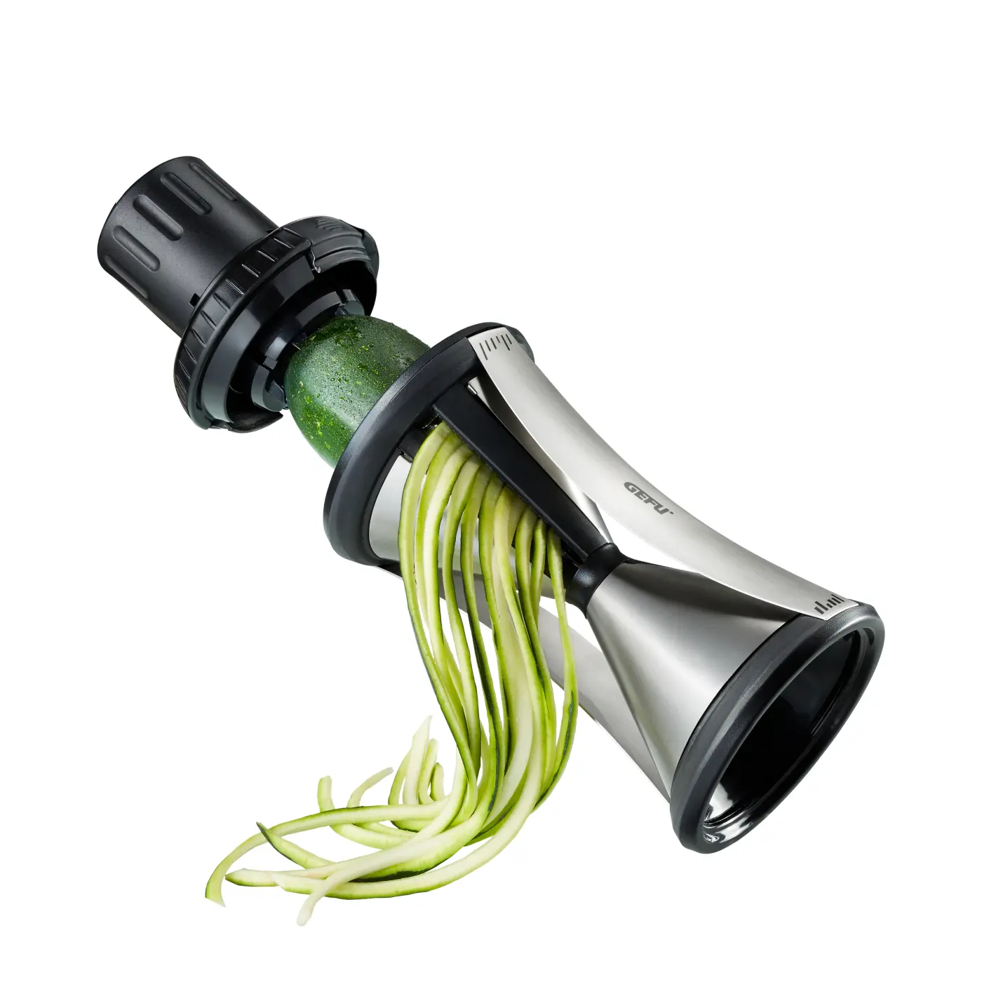 GEFU Spiralschneider SPIRELLI® XL inkl. Reinigungsbürste schwarz/silber hochwertiger Edelstahl|hochwertiger Klingenstahl|Kunststoff