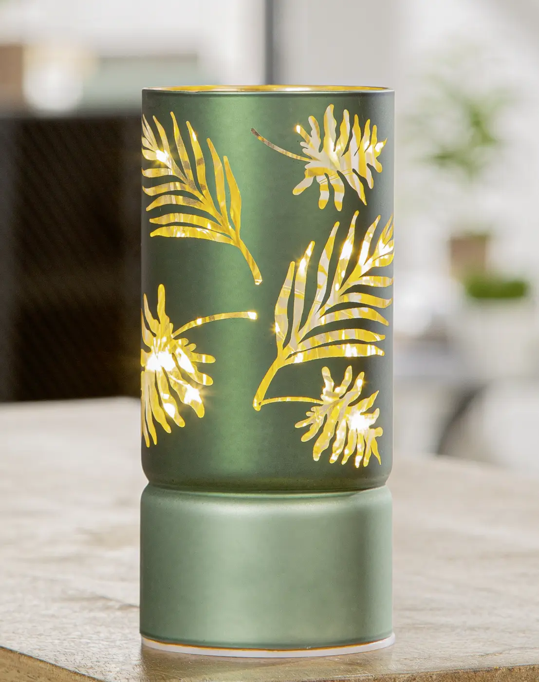 Gilde Handwerk LED Windlicht "Leaves" grün/gold 