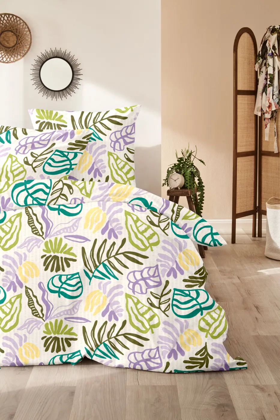 Hahn  Seersucker-Bettwäsche 135 x 200 cm floral lila-grün