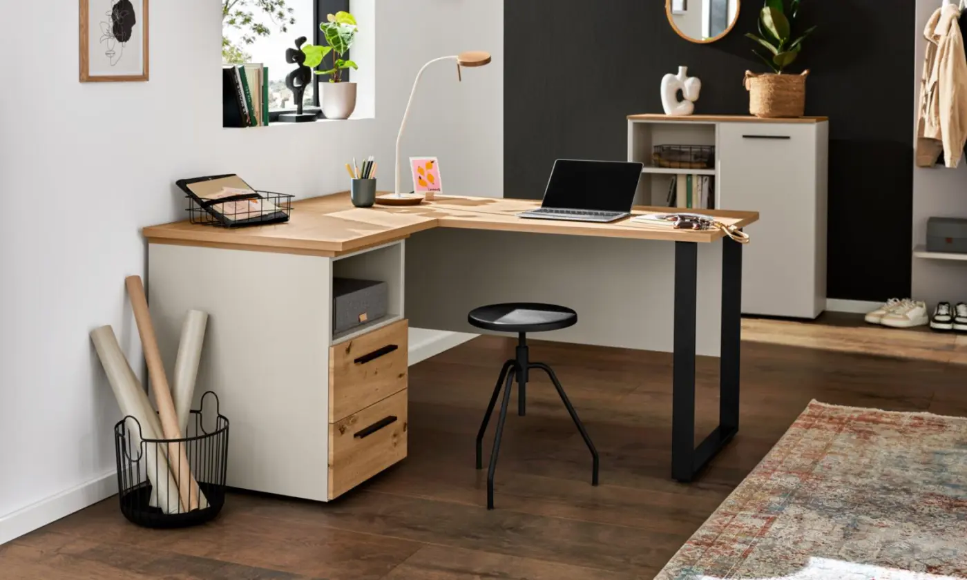 Interliving Eckschreibtisch Serie 1702 Artisan Eiche / Sandgrau ca, 150/125 x 73 x 65/65cm