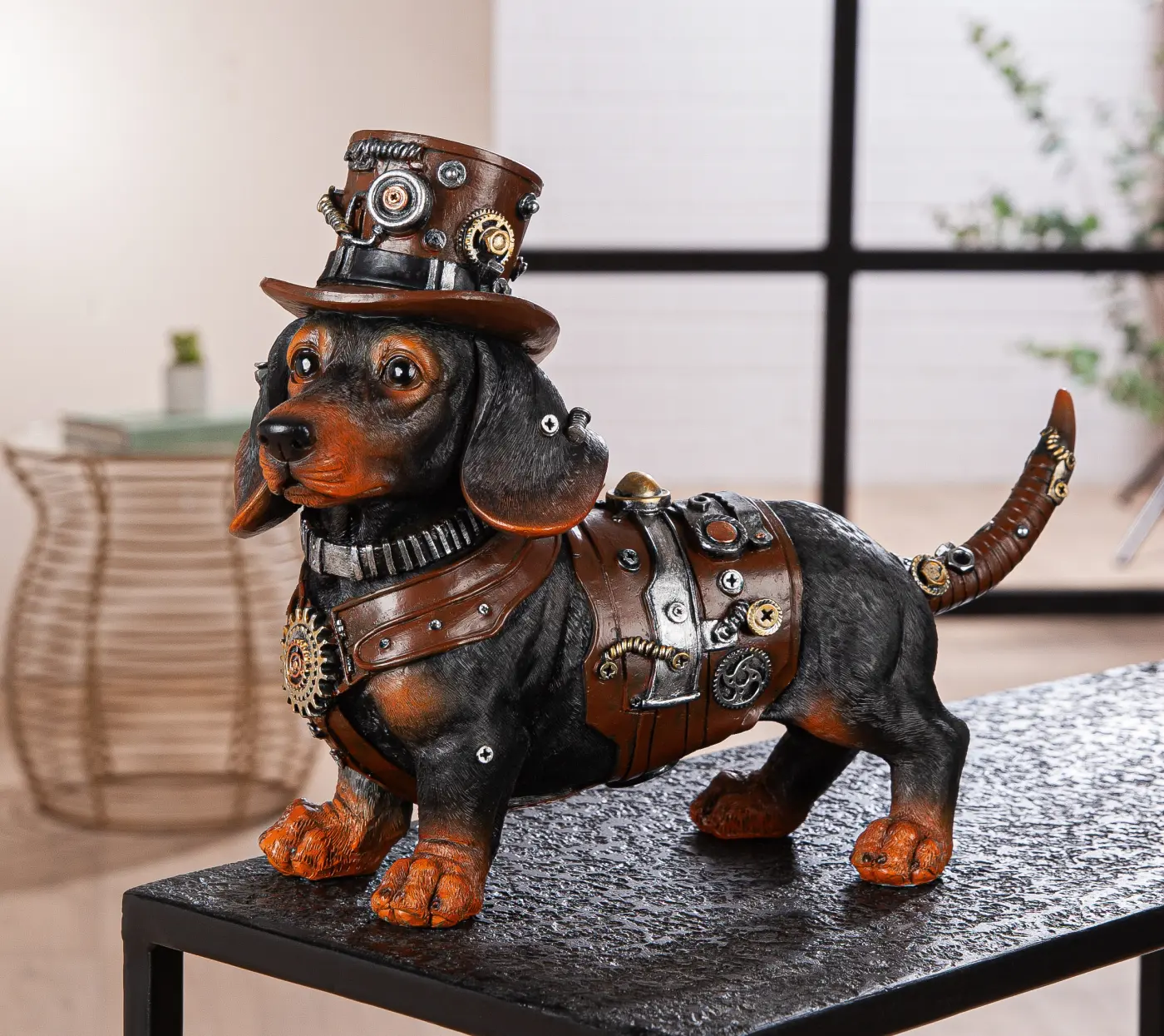 Gilde Figur Steampunk Dachshund braun, schwarz L 12.5 x B 33 x H 24.5 cm