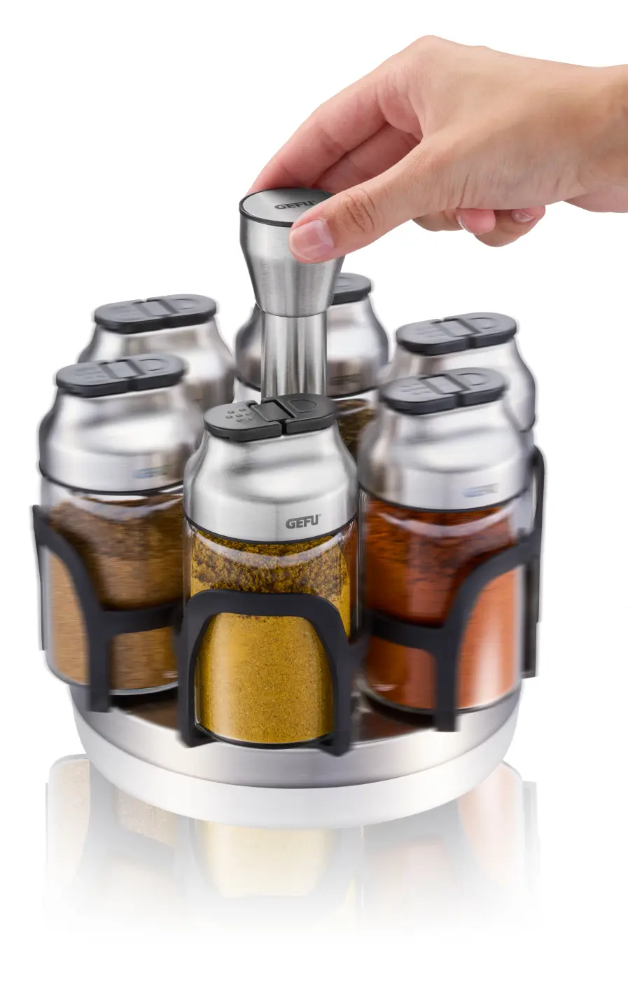 GEFU Gewürzkarussell KIPPO  7-teilig schwarz/silber/transparent Borosilikatglas|hochwertiger Edelstahl|Kunststoff