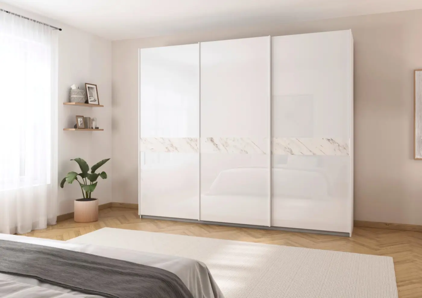 Rauch Schwebetürenschrank Marbel 3trg Glasfront kristallweiß 271 x 229 x 62 cm