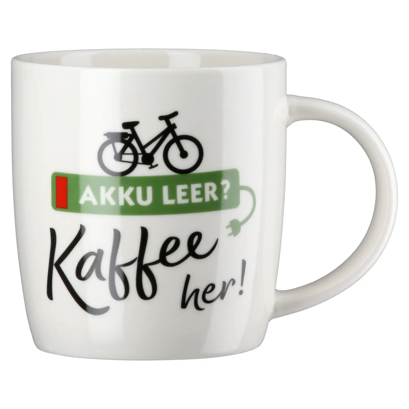Gilde Handwerk Tasse/Becher "Fahrradliebe" - "Akku leer? - Kaffee her!" Porzellan weiß 