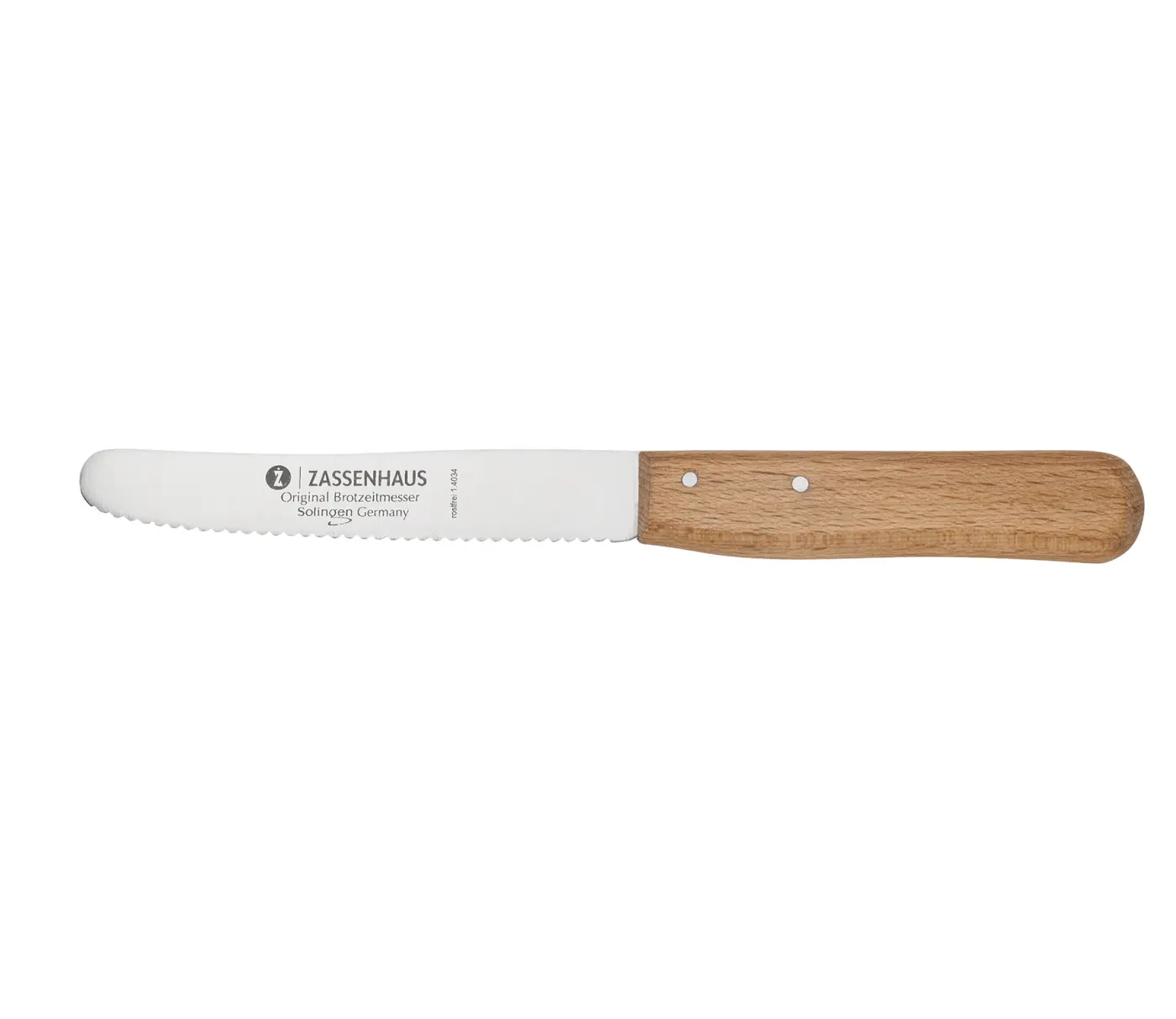 Zassenhaus Brotzeitmesser mit Wellenschliff B 1,4 cm L 21,5 cm H 2,3 cm Edelstahl Buchenholz Braun Silber