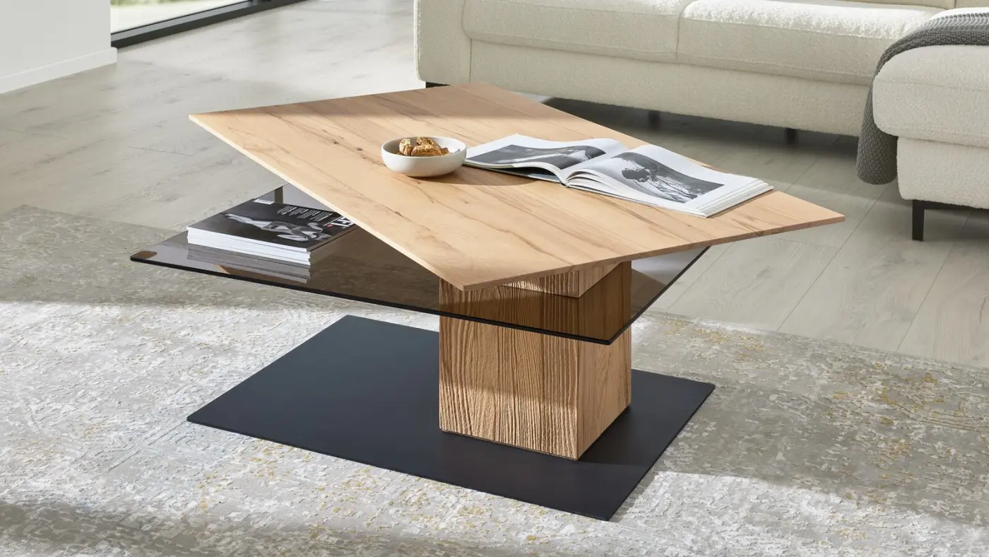Interliving Couchtisch Serie 2026 Riffeiche massiv/Glas ca. 125 x 44 x 75 cm