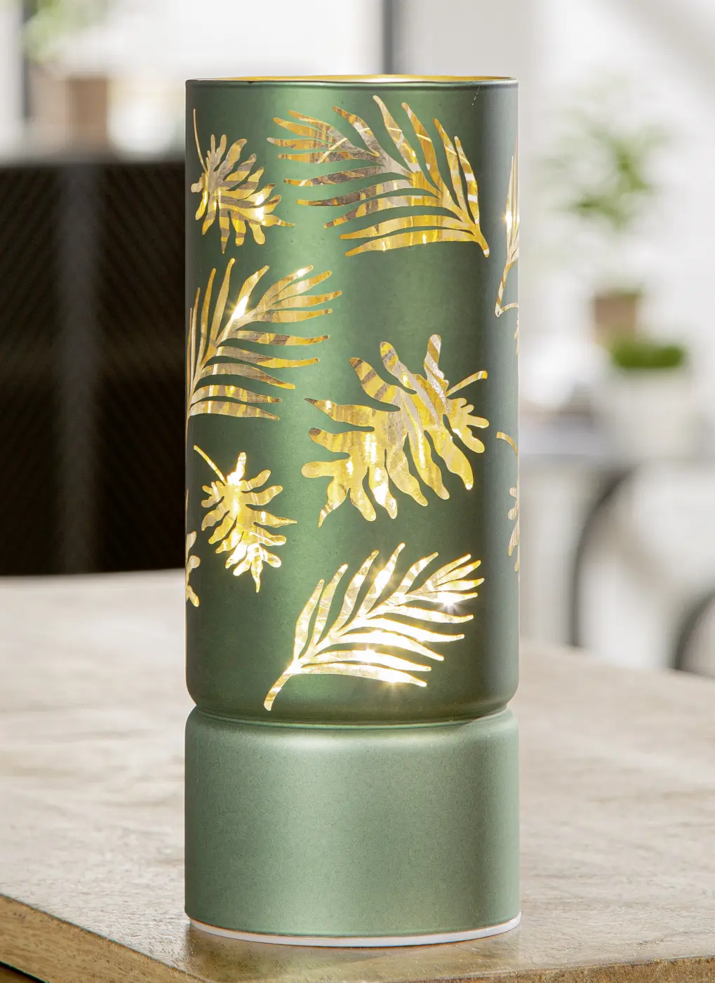Gilde Handwerk LED Windlicht "Leaves" Glas grün/gold
