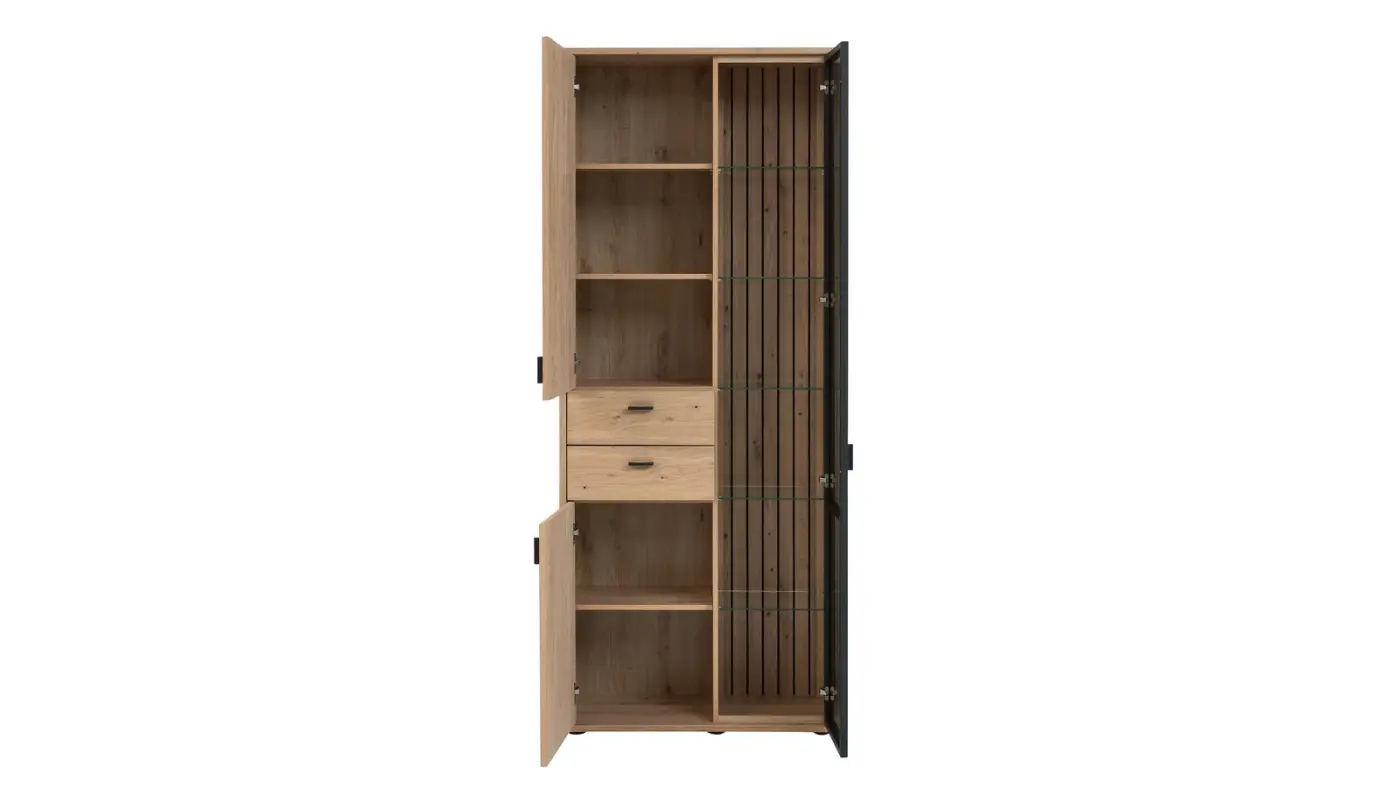 Interliving  Wohnwand Serie 2024 Eiche furniert - mit Schwarzglas  ca. 299,2 x 207,7 x 50,2 cm 