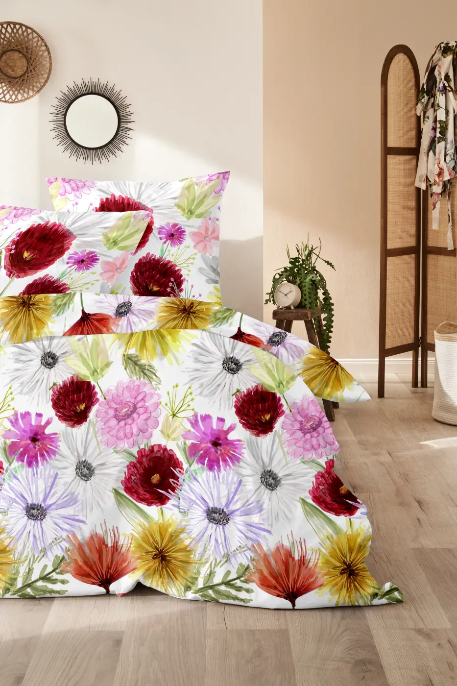 Hahn Mako-Satin Bettwäsche  floral rot-gelb 135 x 200 cm