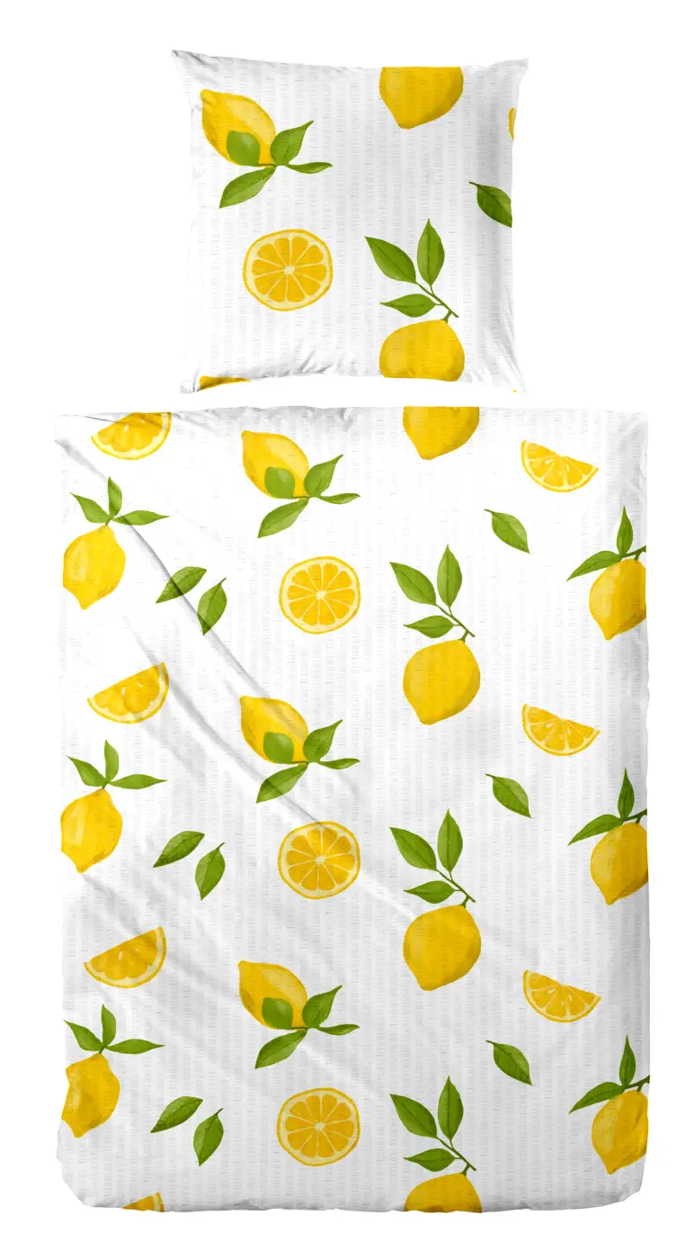 Hahn Baumwoll-Seersucker-Bettwäsche Fruchtprint Weiß-Gelb Zitronen 135 x 200 cm