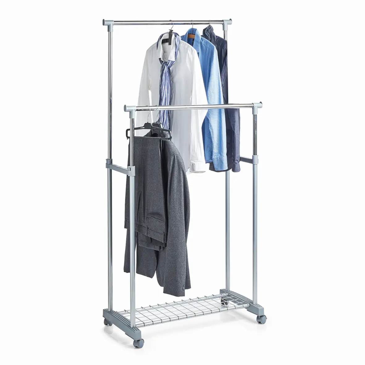 Zeller Rollkleiderständer verchromte & silberfarbene Oberflächen - zwei Kleiderstangen Höhe ca. 94,00/170,00 cm