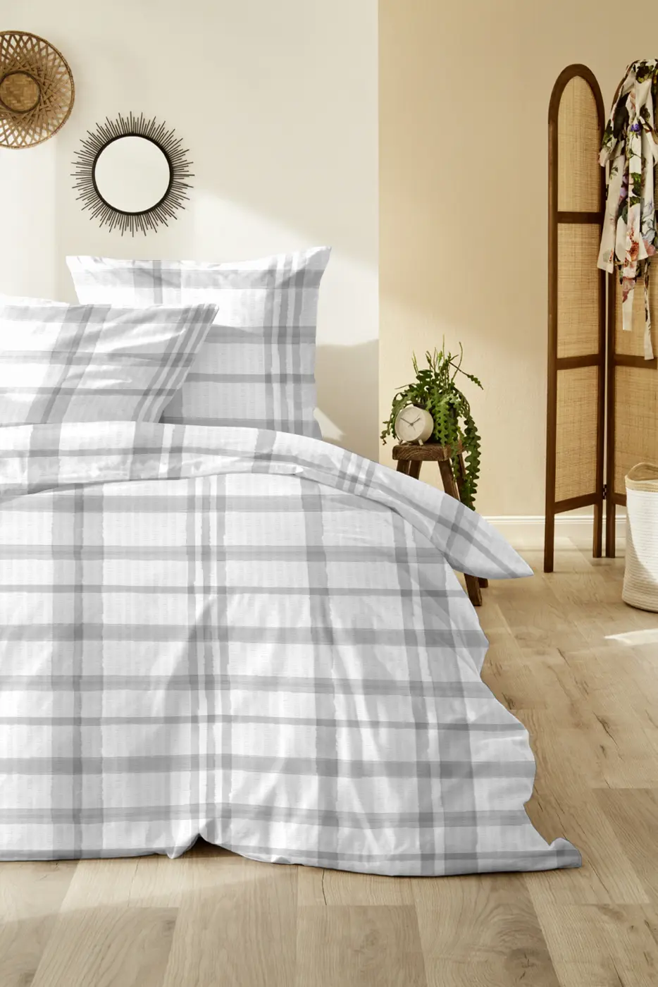 Hahn Seersucker Bettwäsche, 135x200/80x80 cm  weiß-grau