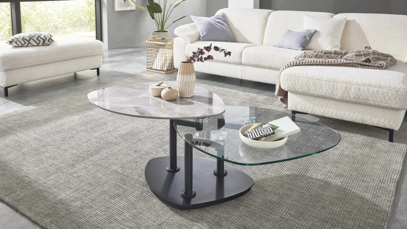 Interliving Couchtisch drehbar hellgraue Marmoroptik  88/146 x 75x 42 cm