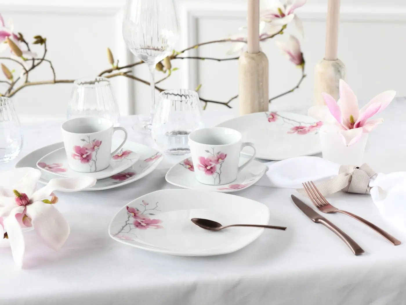 CreaTable Kaffeeservice Amelie/AIKO 18 tlg Porzellan weiß rosa