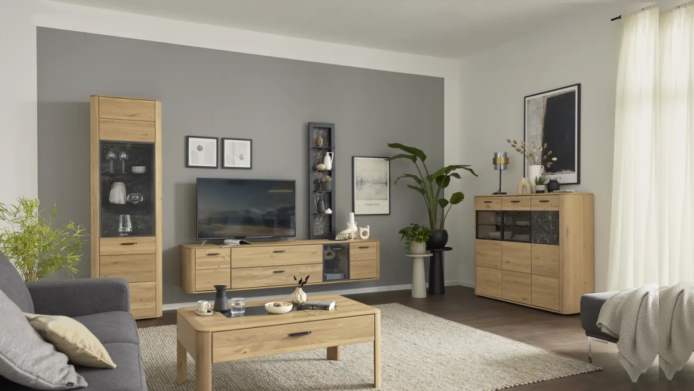 Interliving Wohnwand Serie IL 2021 Wildeiche, Granit Steinoptik