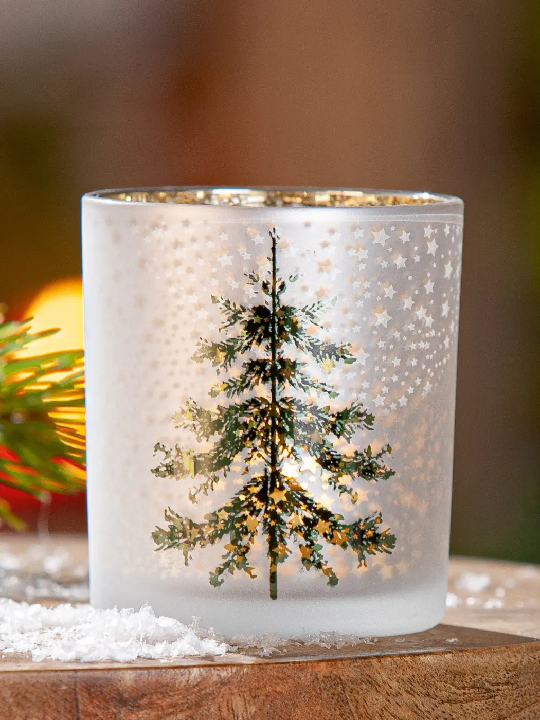 Gilde Windlicht zylindrisch "Tanne" Glas, grün, weiß