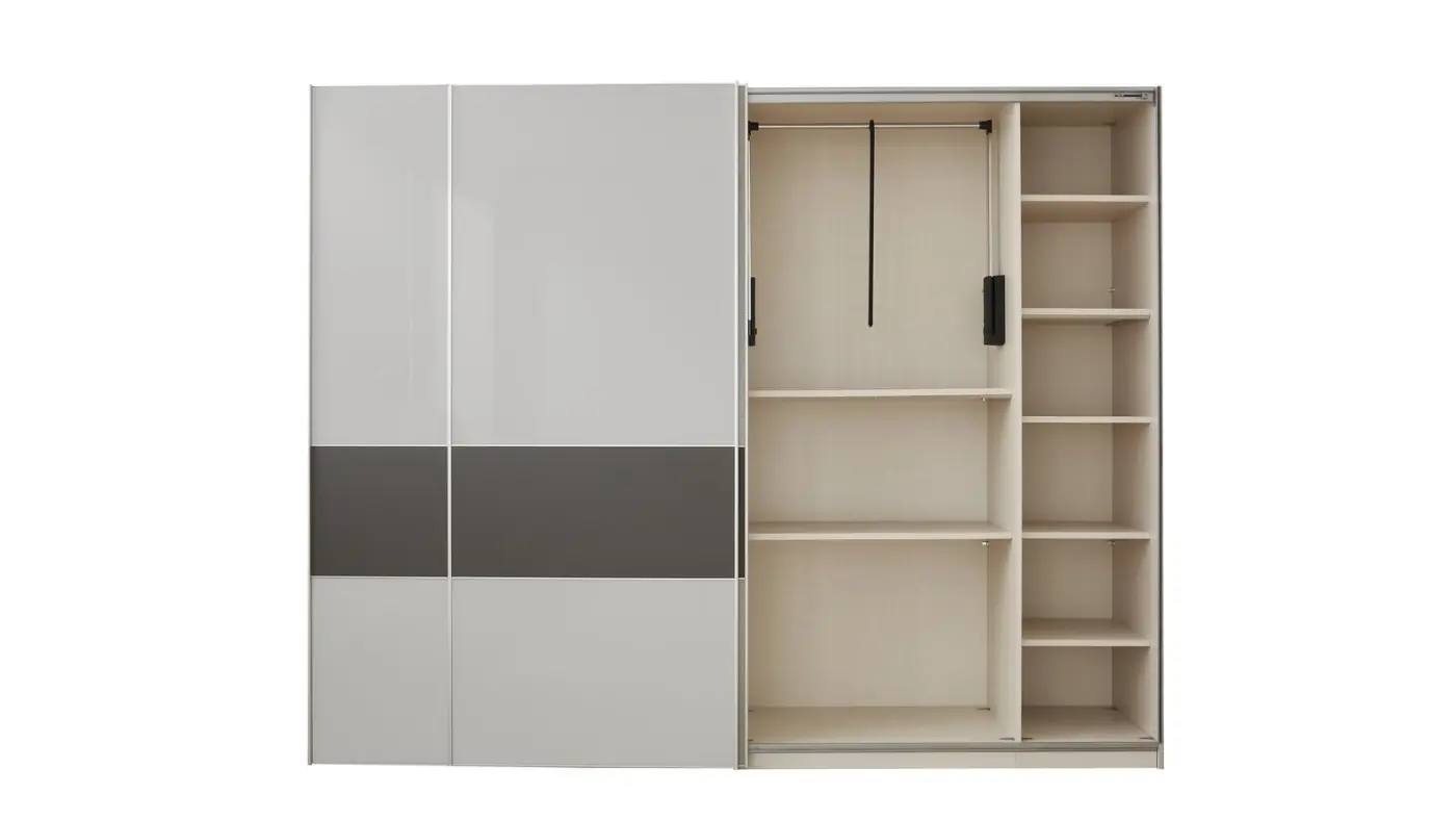 Staud Schwebetürenschrank Sonett inklusive Inneneinrichtung Glas Hellgrau ca. 298 x 240 x 68 cm