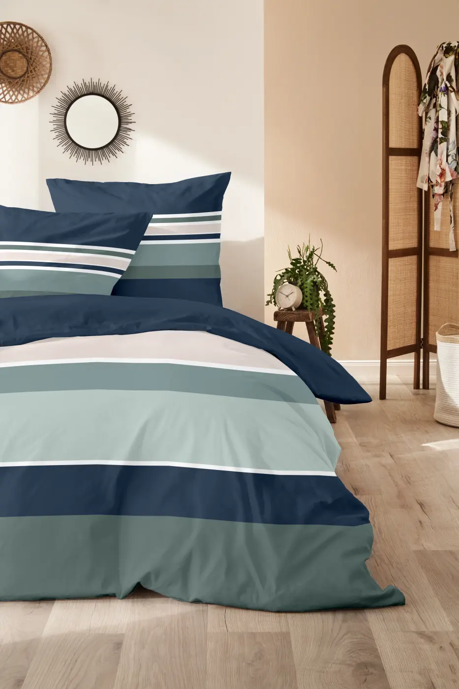 Hahn  Mako-Satin-Bettwäsche 155 x 220 cm gestreift blau-grün