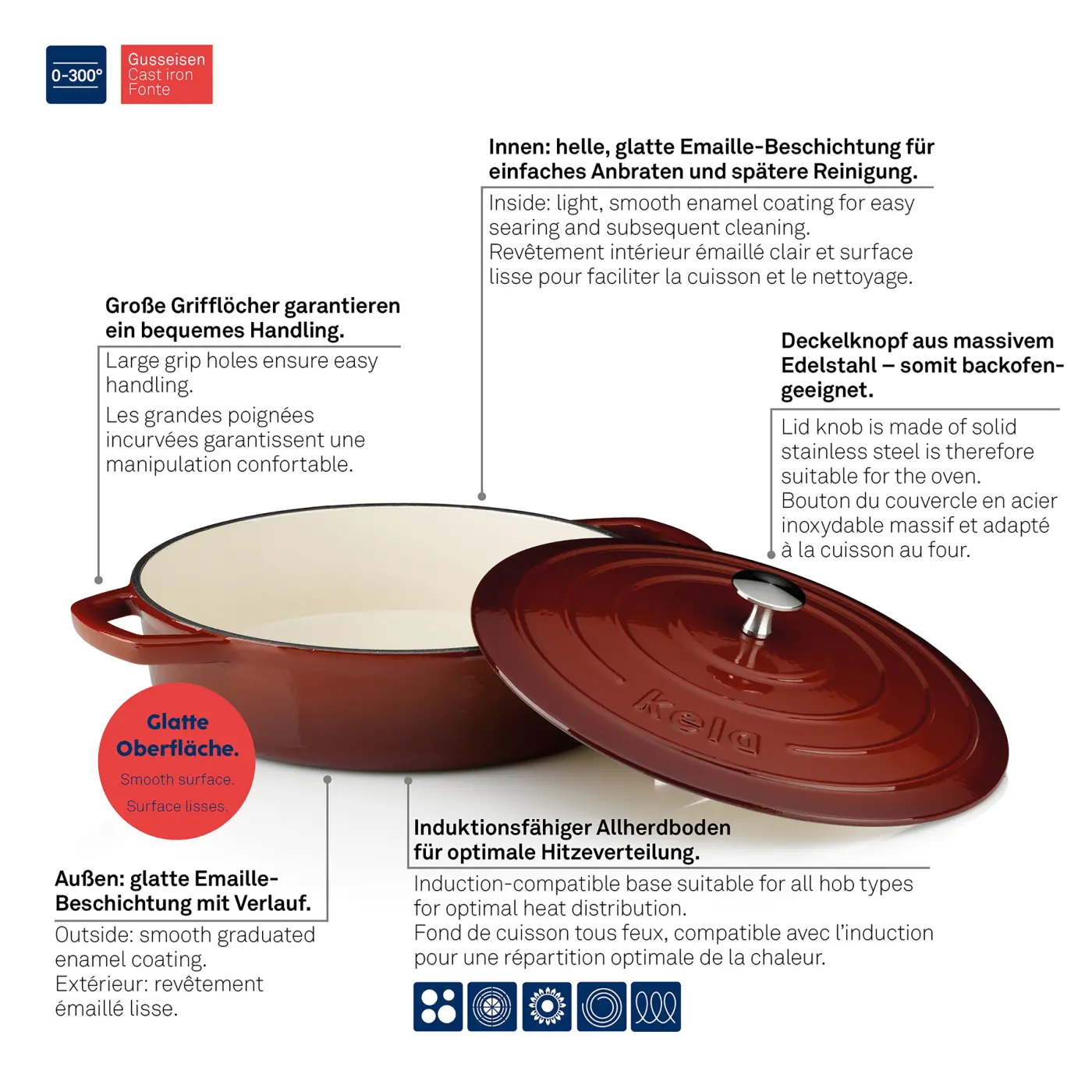 Kela Bräter Calido Gusseisen rot Rund 7cm 28cmØ 3,2l