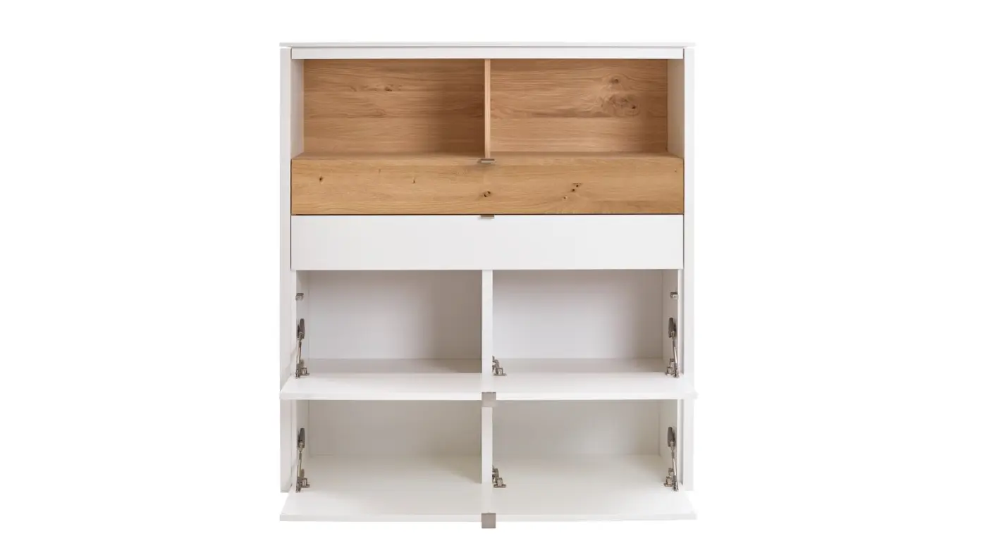 Venjakob Highboard Game Lack weiß matt Absetzung Balkeneiche   127 x 140 x 43cm