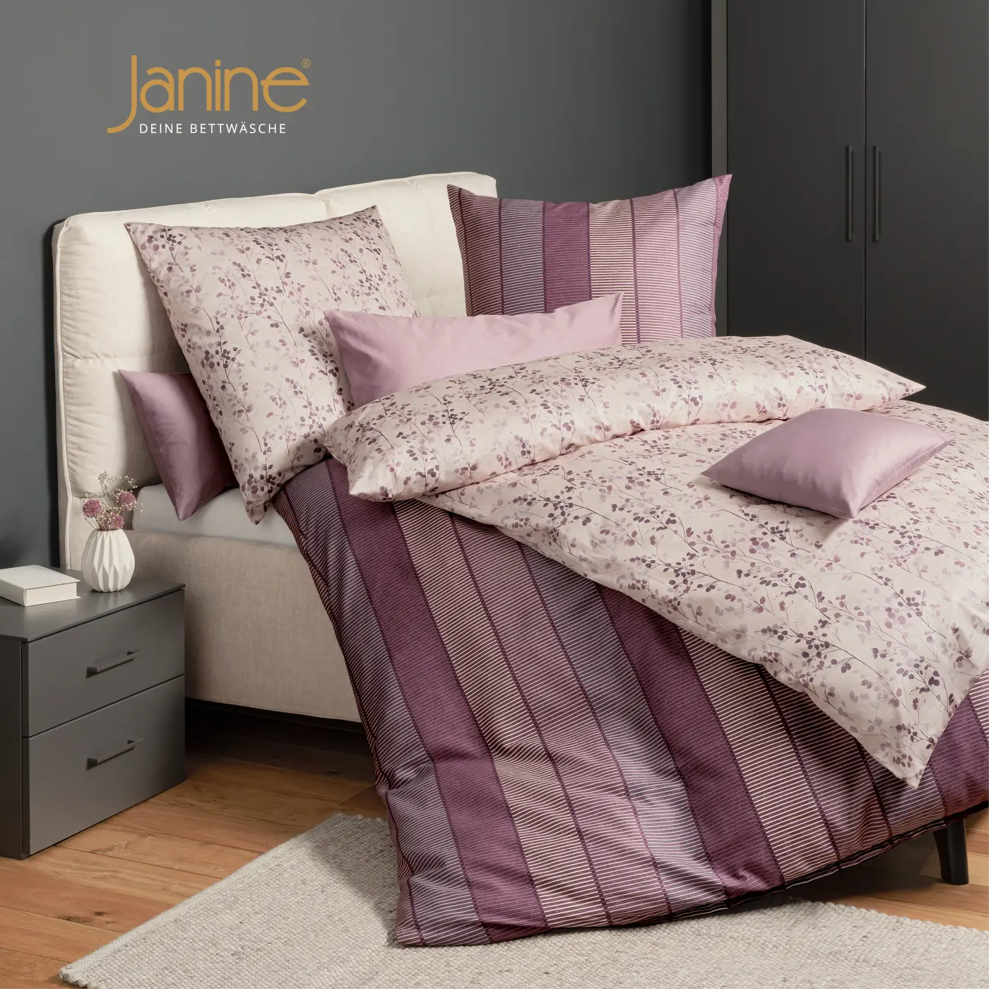 Janine Garnitur Mako-Satin  abstrakte Blätter 135x200,80x80 cm