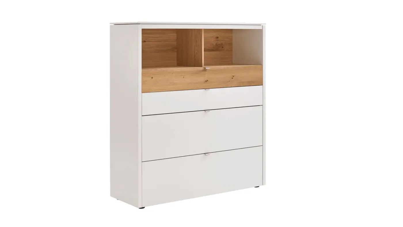 Venjakob Highboard Game Lack weiß matt Absetzung Balkeneiche   127 x 140 x 43cm