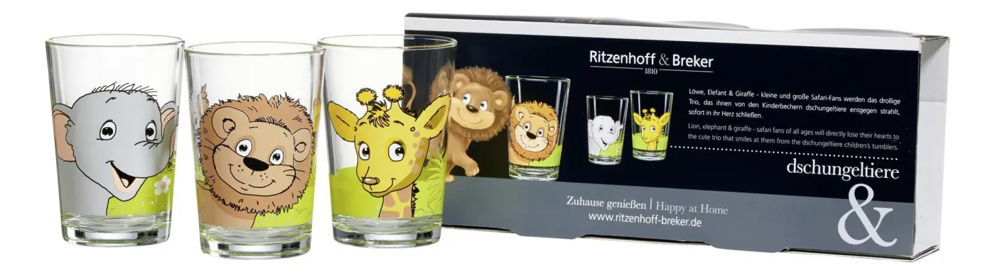 Ritzenhoff & Breker Kindergläser 3 tlg Afrikatiere transparent mit Druck 205 ml(Ritzenhoff & Breker Kinderset )