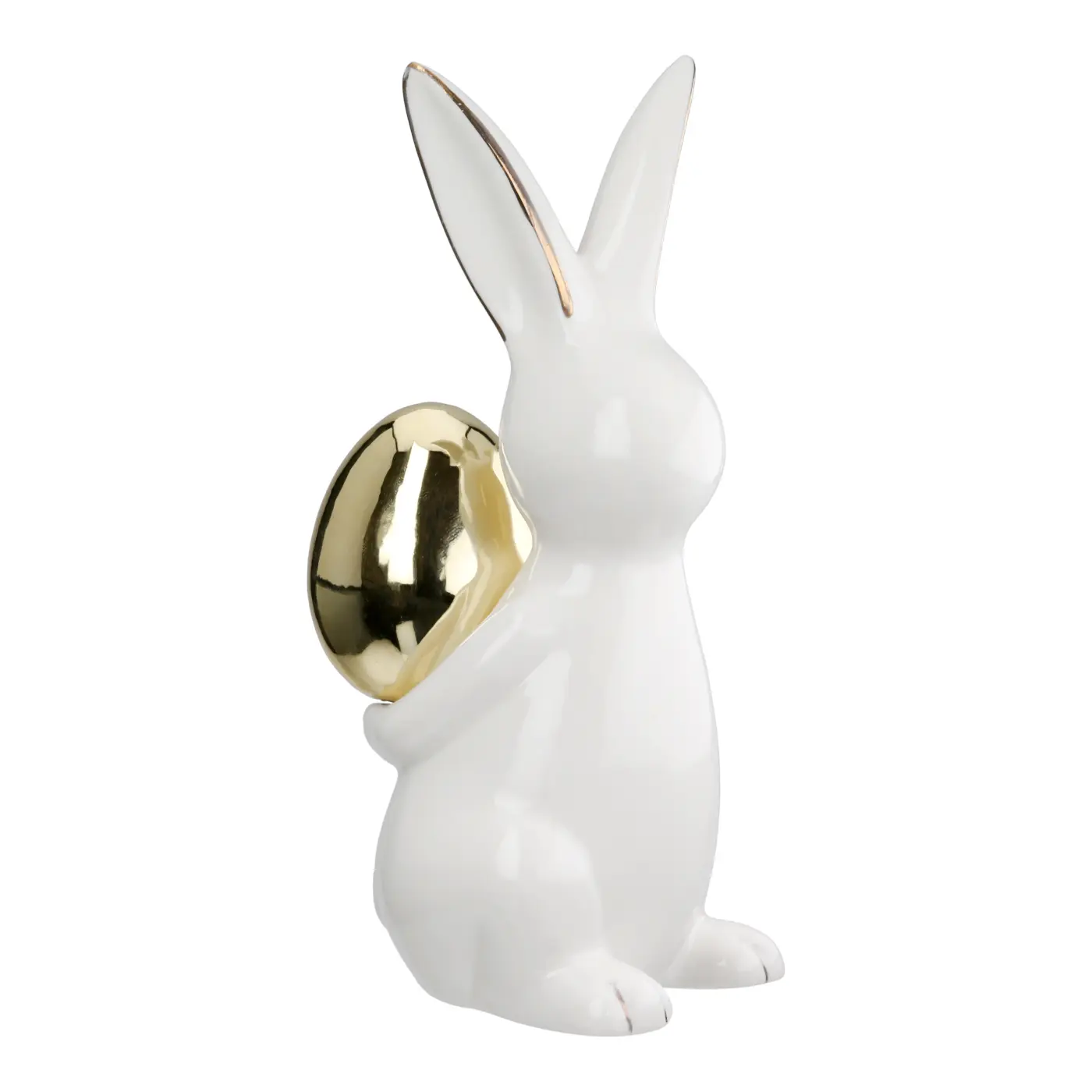 Gilde Hase "Hugo" Porzellan weiß stehend mit Ei 13 cm hoch