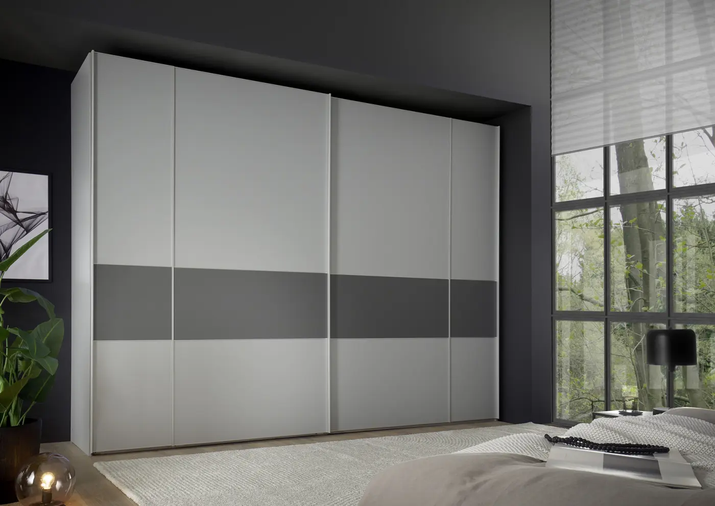 Staud Schwebetürenschrank Sonett inklusive Inneneinrichtung Glas Hellgrau ca. 298 x 240 x 68 cm