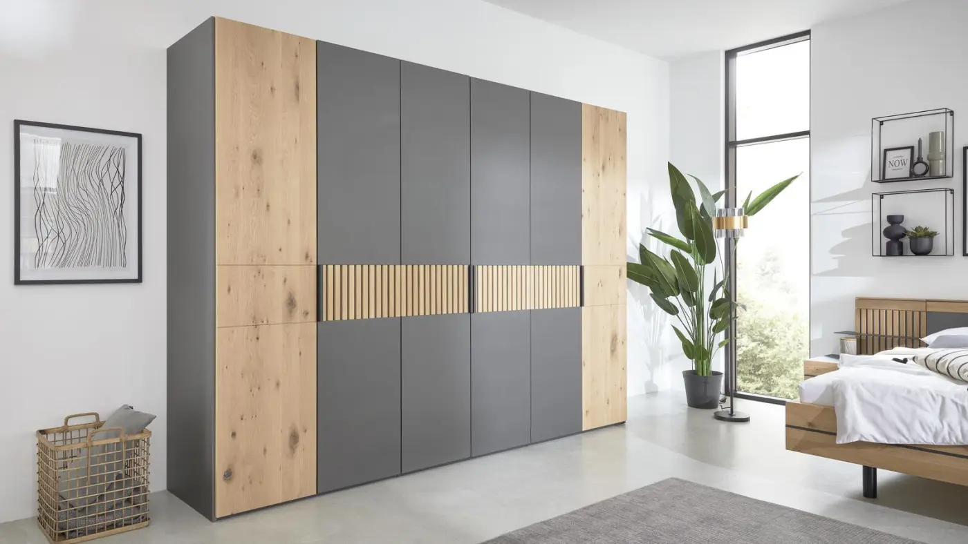 Interliving  Schlafzimmerkombination  Serie 1029  Lack graphit/Absetzung Wildeiche massiv