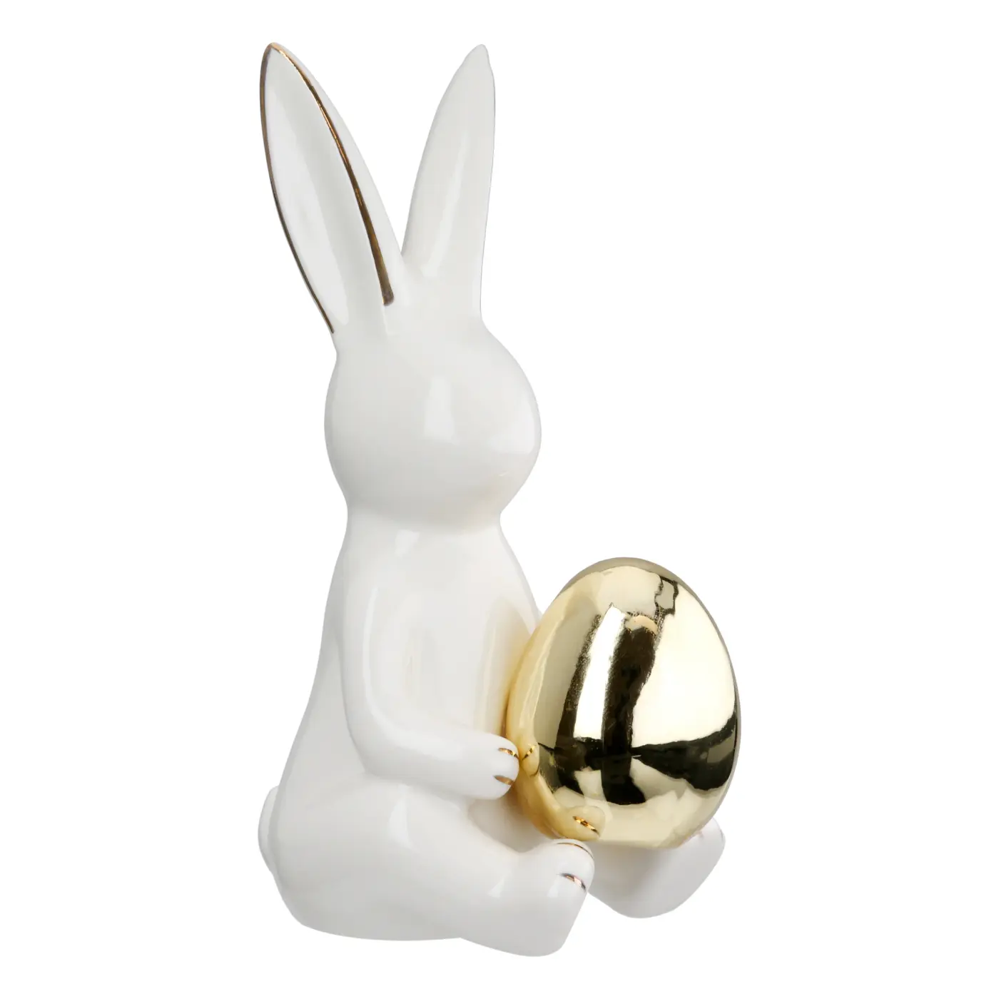 Gilde Hase "Hugo" Porzellan weiß sitzend mit Ei 16 cm hoch