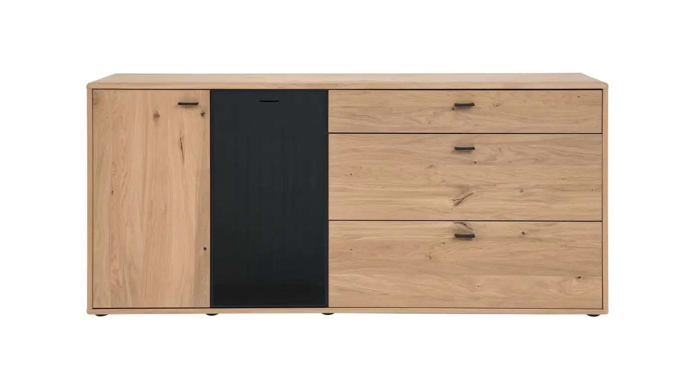 Interliving  Sideboard  Serie 2024 Eiche furniert - mit Schwarzglas 199,6 x 90,1 x 43,8 cm 